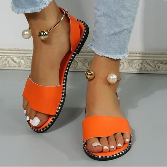 Women's Flat Sandals, Solid Color Beaded Beach Shoes, Slingback Slides for Koningsdag/King's Day