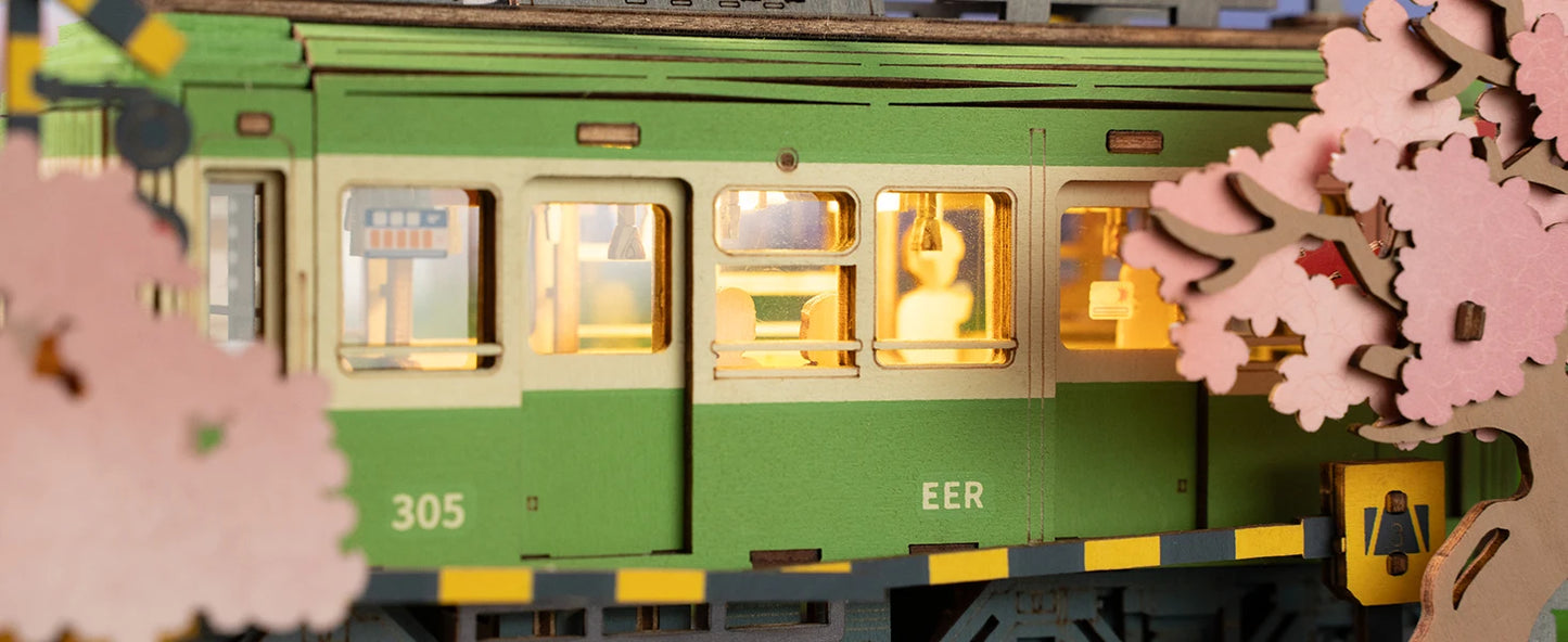 Robotime 3D Puzzles Sakura Journey DIY Model Building Toy with LED Light Wooden Craft Kits Tram Hobby for Kids Brain Teaser Gift