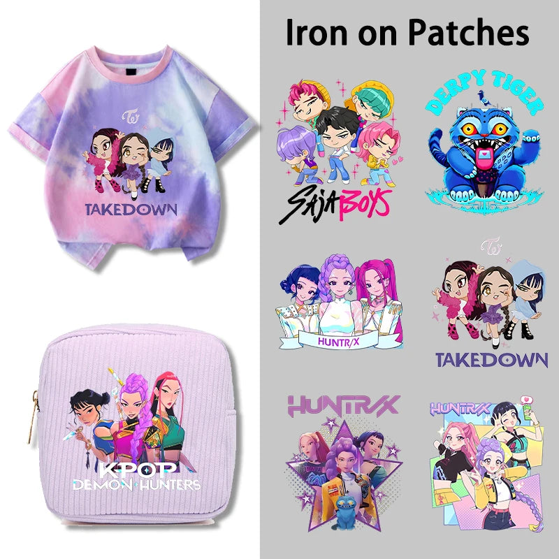 Move K-Pop Demon Hunters Iron on Patches Cute Cartoon Handbag Clothing Decals Fashion Heat Transfer Stickers Kawaii DIY Clothes