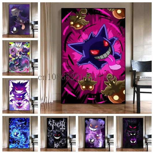 Japanese Anime Peripheral Pokemon Gengar Poster Decor Picture Wall Art Watercolor Canvas Painting Modern Room Decor Kids Gifts