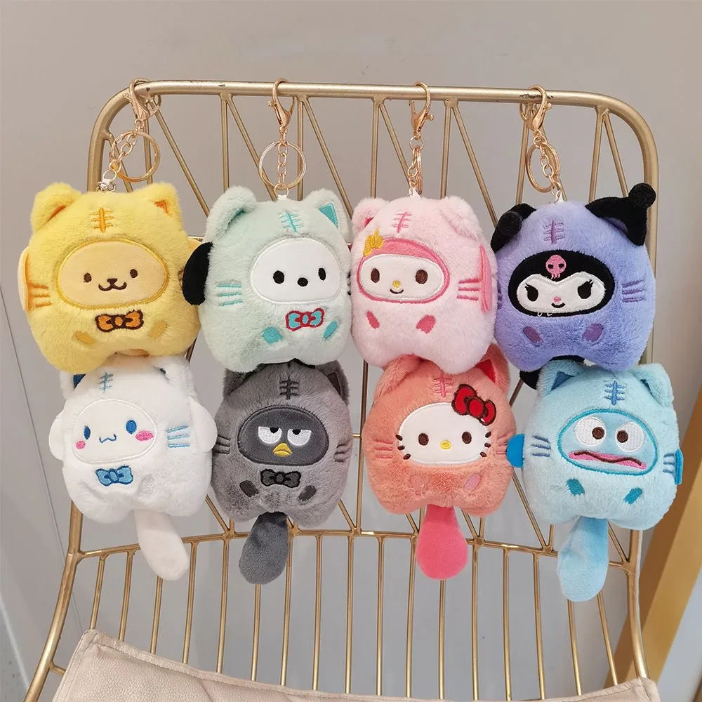 Sanrio Plush Keychain Hello Kitty MyMelody Kuromi Cinnamoroll Cartoon Animal Stuffed School Bag Pendant Backpack Decoration Doll