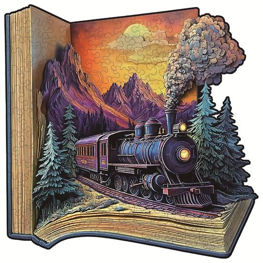 Wooden Puzzle for Adults -The train in the book Puzzle, Unique Shape Wooden Jigsaw Puzzles, Modern Art Home Decor