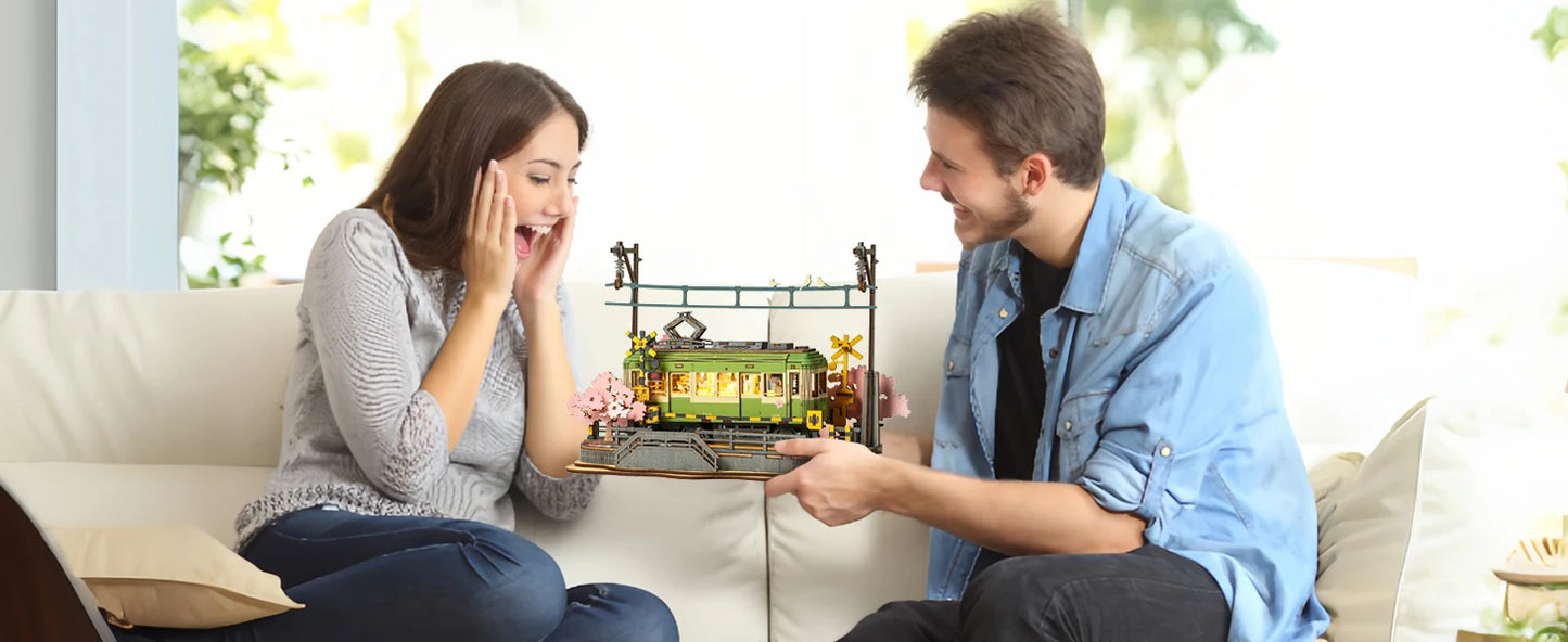 Robotime 3D Puzzles Sakura Journey DIY Model Building Toy with LED Light Wooden Craft Kits Tram Hobby for Kids Brain Teaser Gift