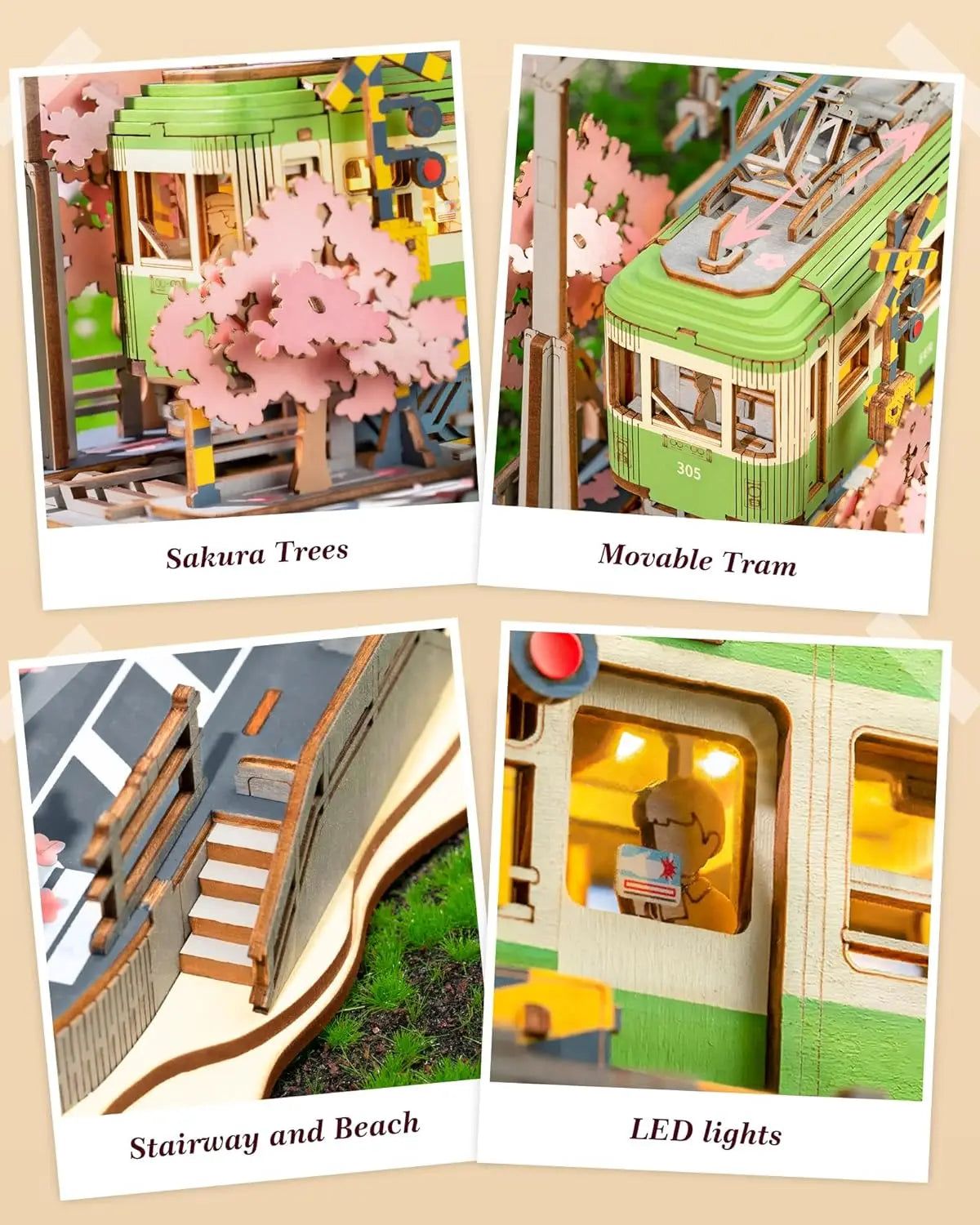 Robotime 3D Puzzles Sakura Journey DIY Model Building Toy with LED Light Wooden Craft Kits Tram Hobby for Kids Brain Teaser Gift